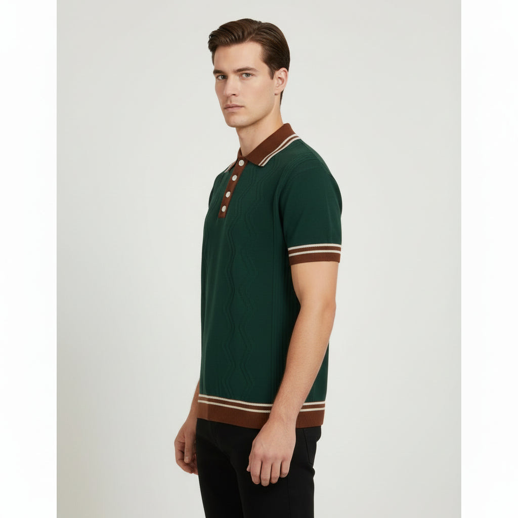 Textured Knit Polo Shirt – Short Sleeve Button Collar