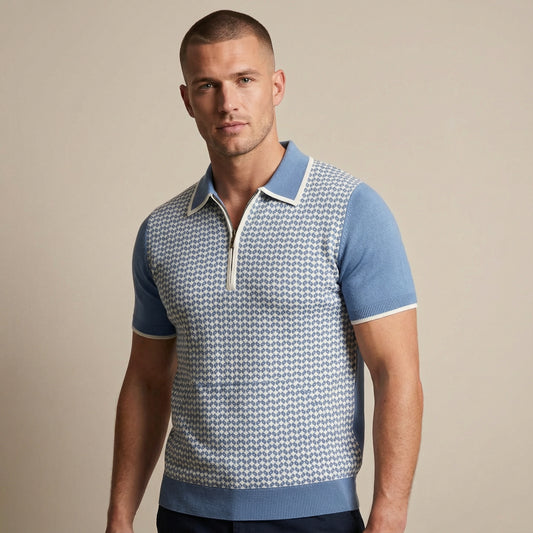 Men’s Blue Knit Short Sleeve Polo Shirt With Zip Collar And Geometric Pattern