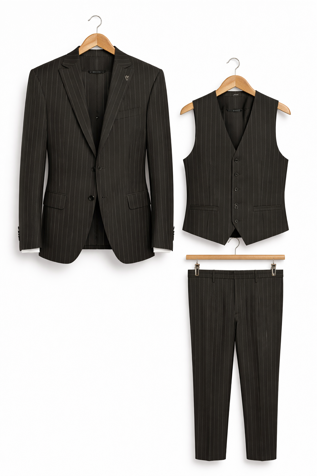 Men’s Black Pinstripe Three Piece Suit With Jacket Vest And Trousers