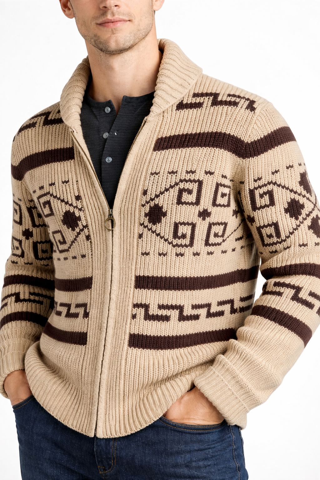 Men’s Pattern Knit Zip Cardigan Sweater with Textured Yarn Design