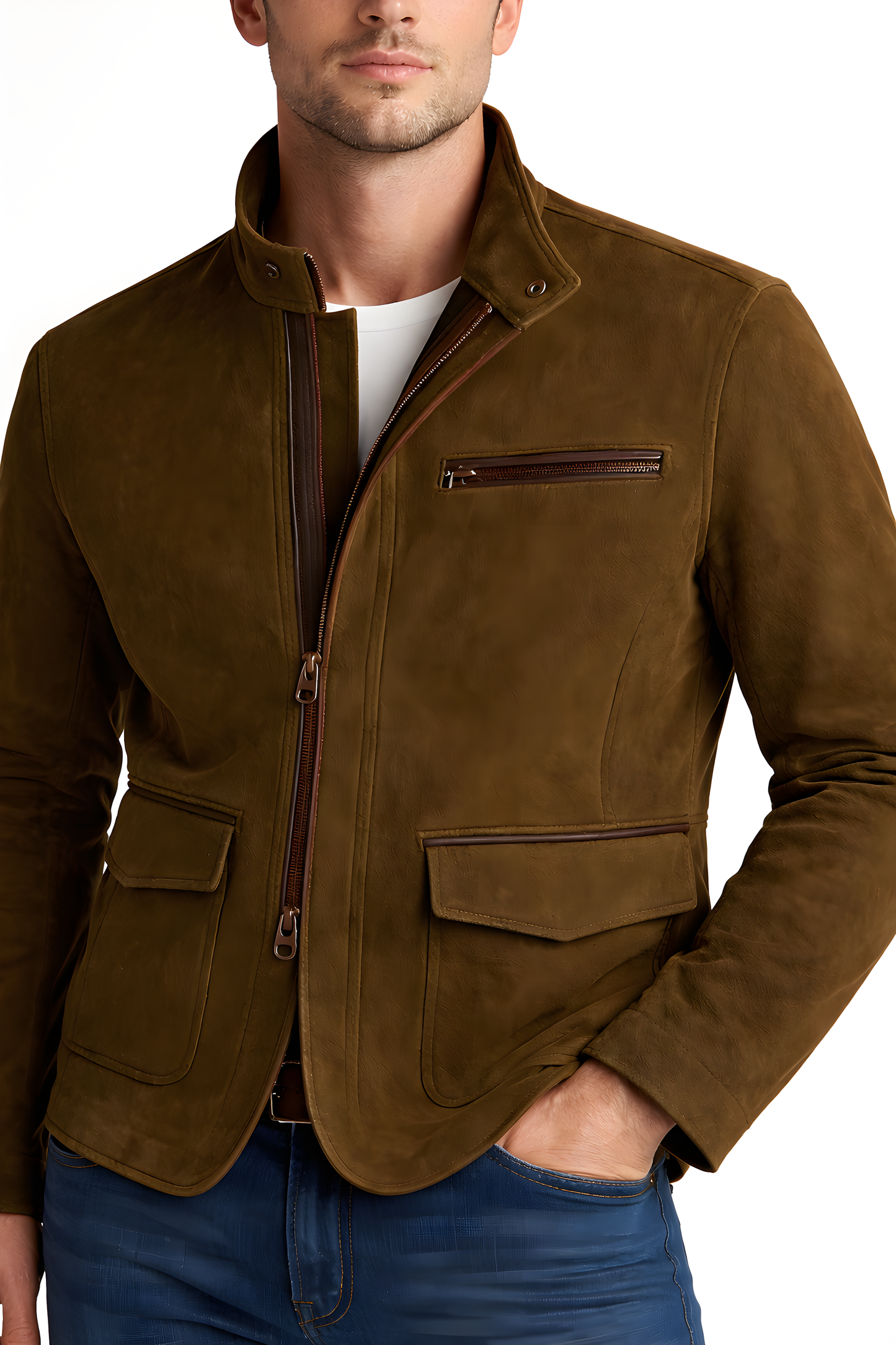 Suede Stand Collar Utility Jacket