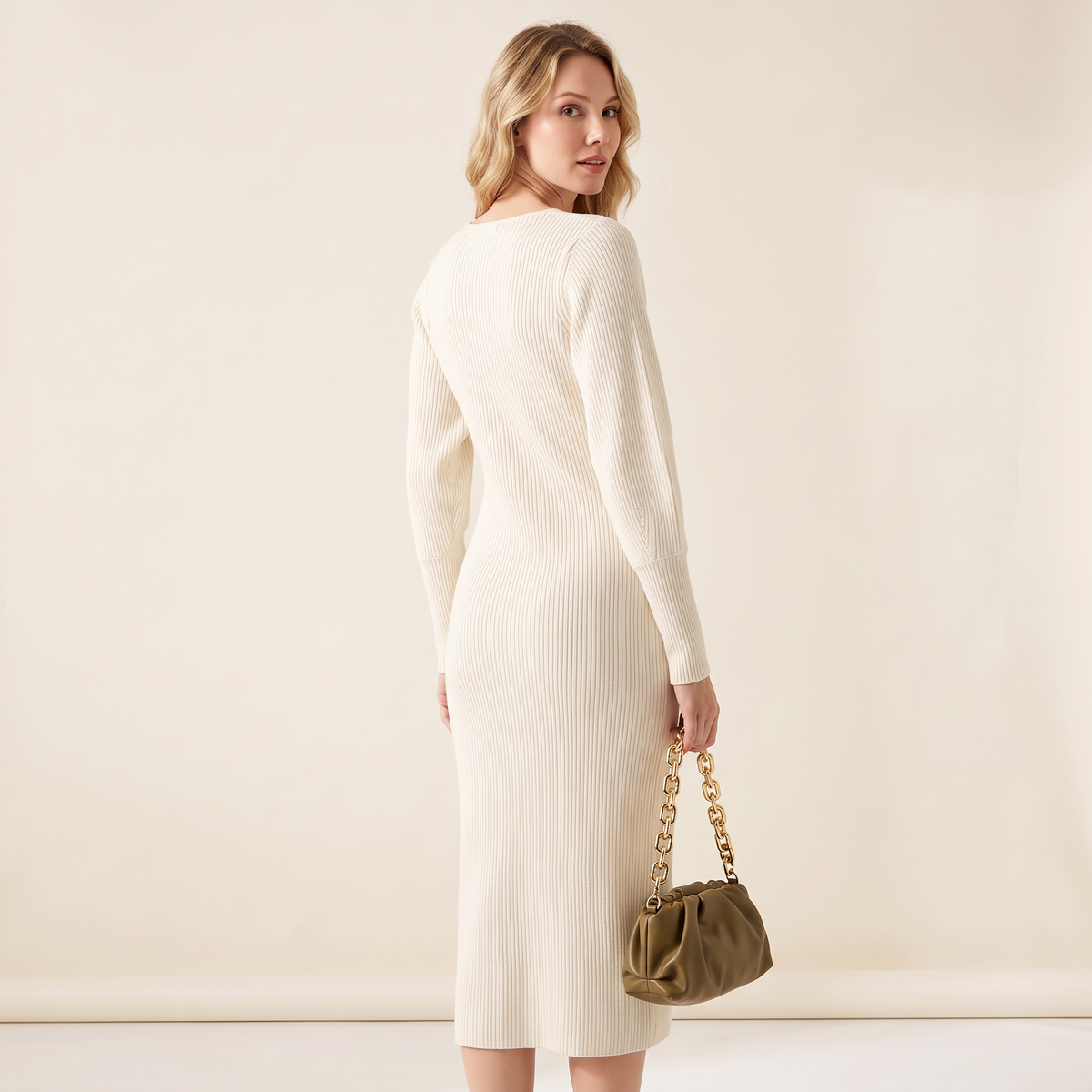 Arietta geribde midi-jurk