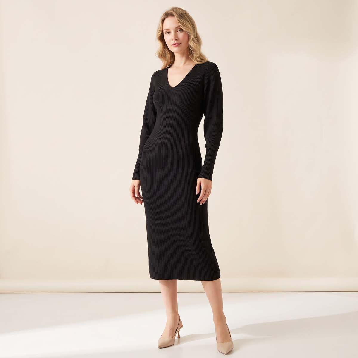 Arietta geribde midi-jurk