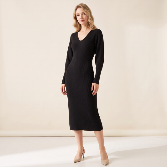 Arietta geribde midi-jurk