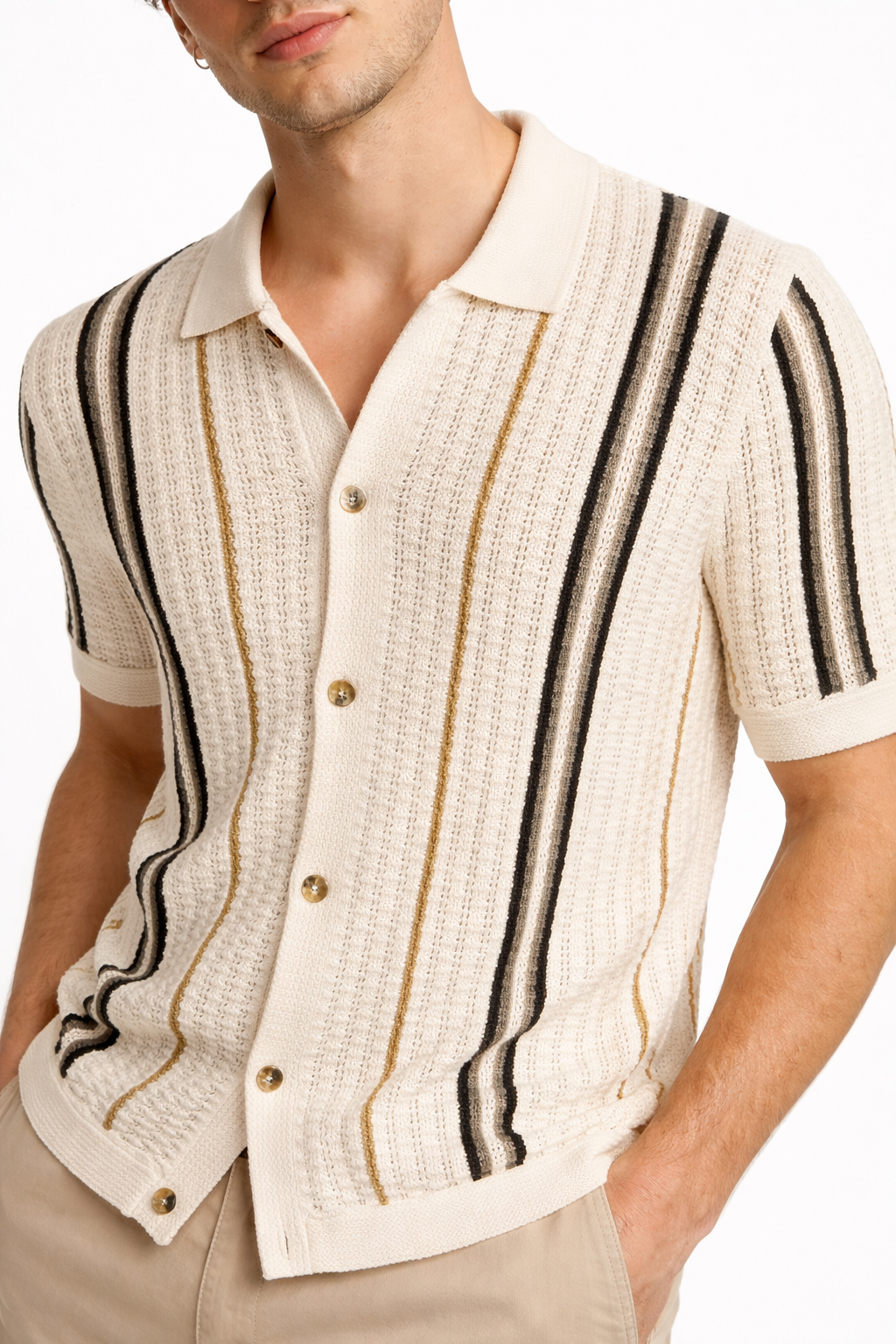 Driftline Striped Open-Knit Button Shirt
