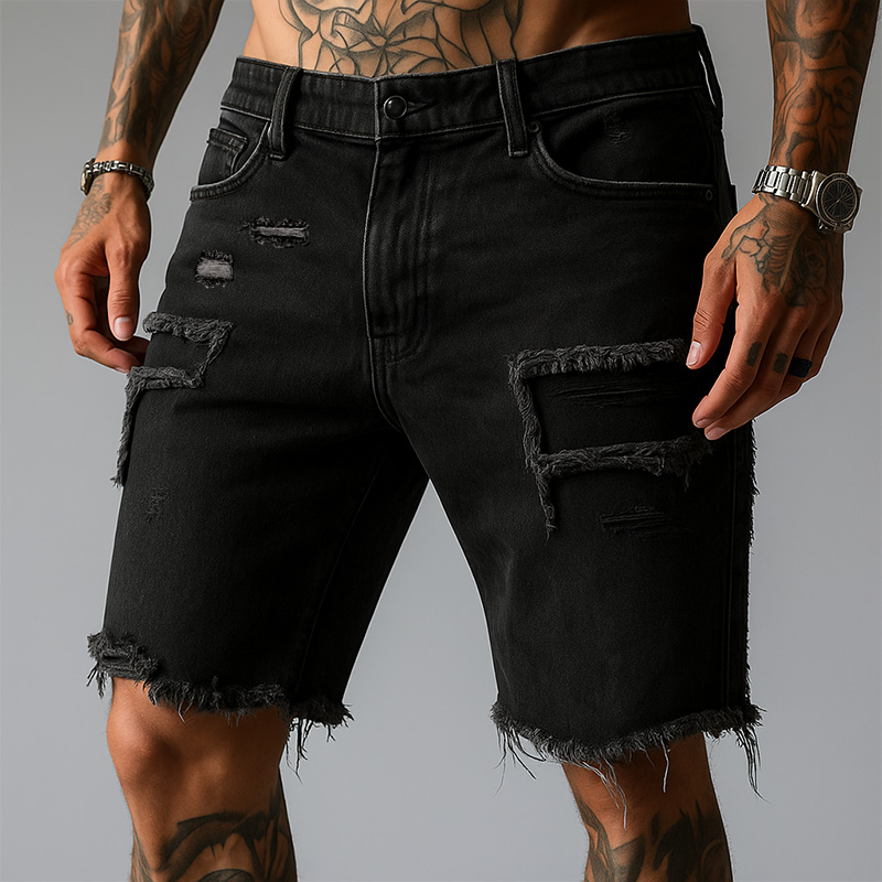 Men’s Denim Shorts With Straight Fit Worn Texture And Frayed Hem