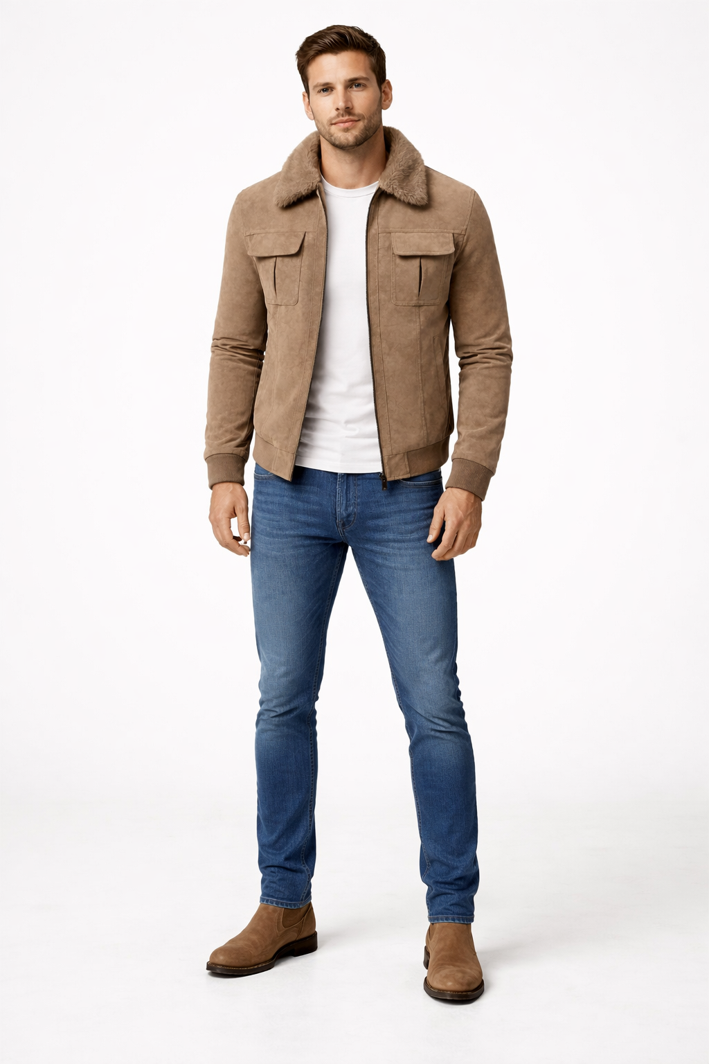 Men’s Structured Zip Front Jacket with Textured Outer Shell Faux Fur Style