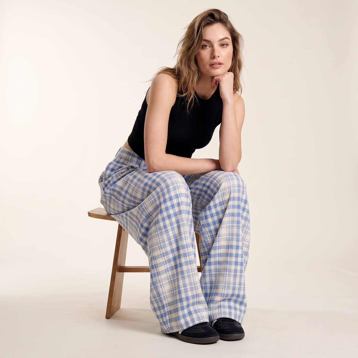 Bexley broek met wijde pijpen en blauwe ruit