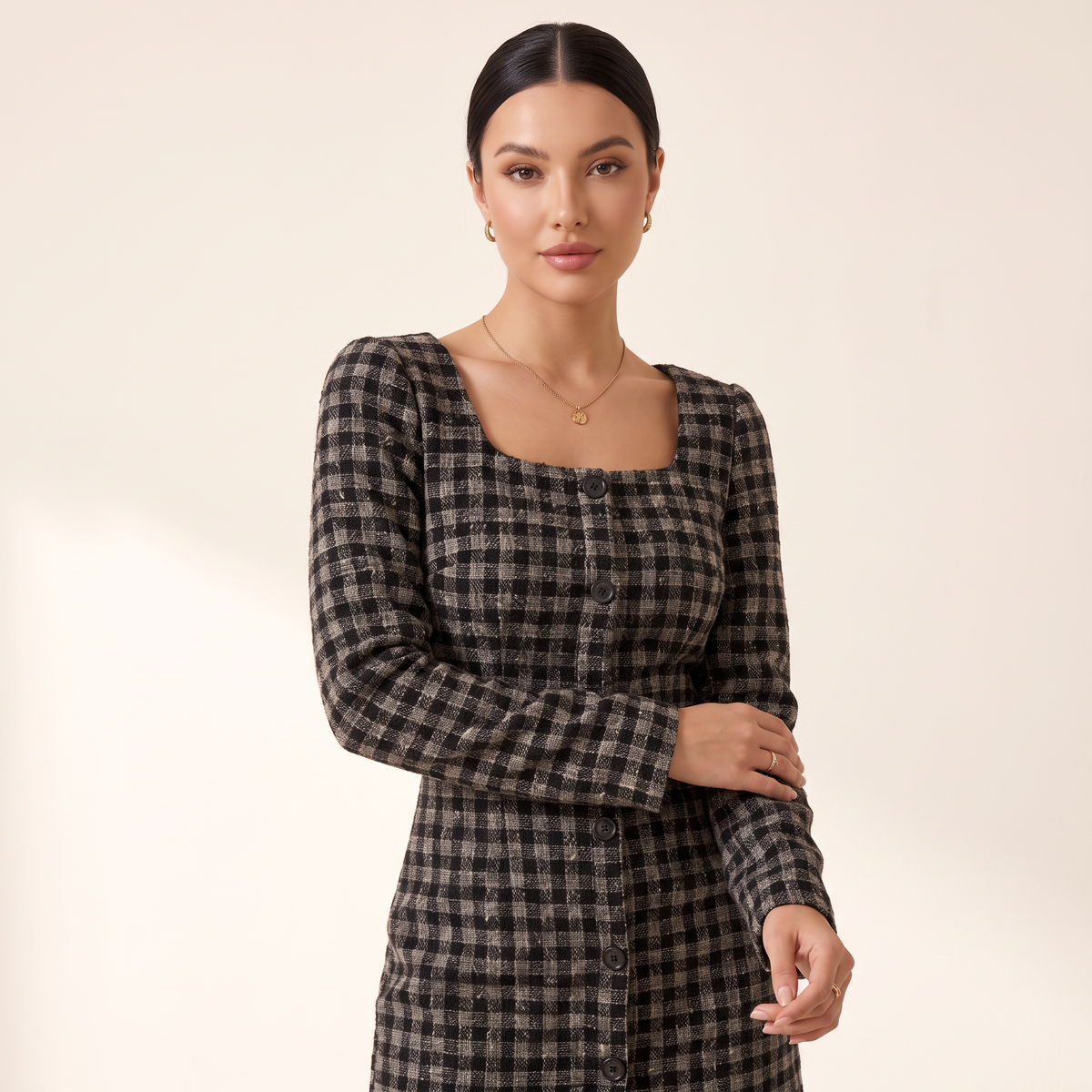 Bravina Zwart-Grijs Geruite Mini-Jurk