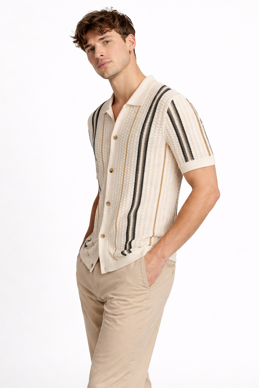 Driftline Striped Open-Knit Button Shirt