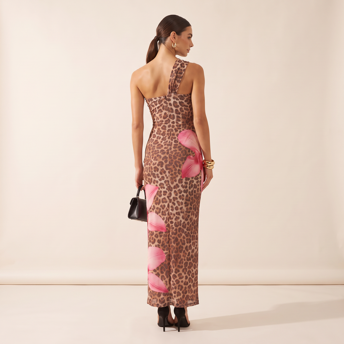 Calindra maxi-jurk met luipaard- en lelieprint