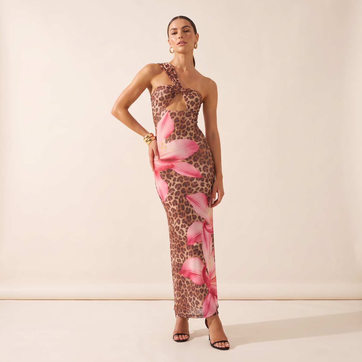Calindra maxi-jurk met luipaard- en lelieprint