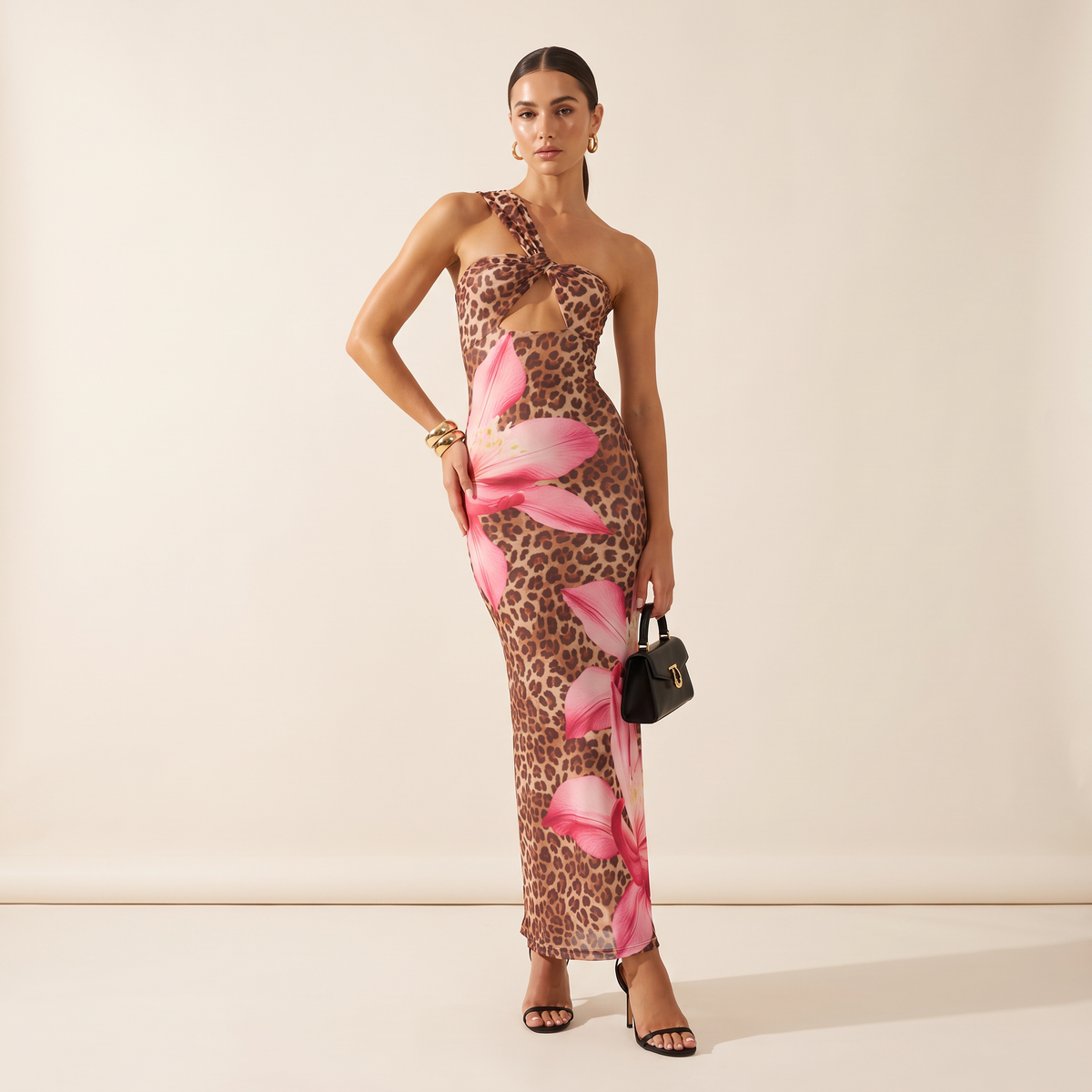 Calindra maxi-jurk met luipaard- en lelieprint