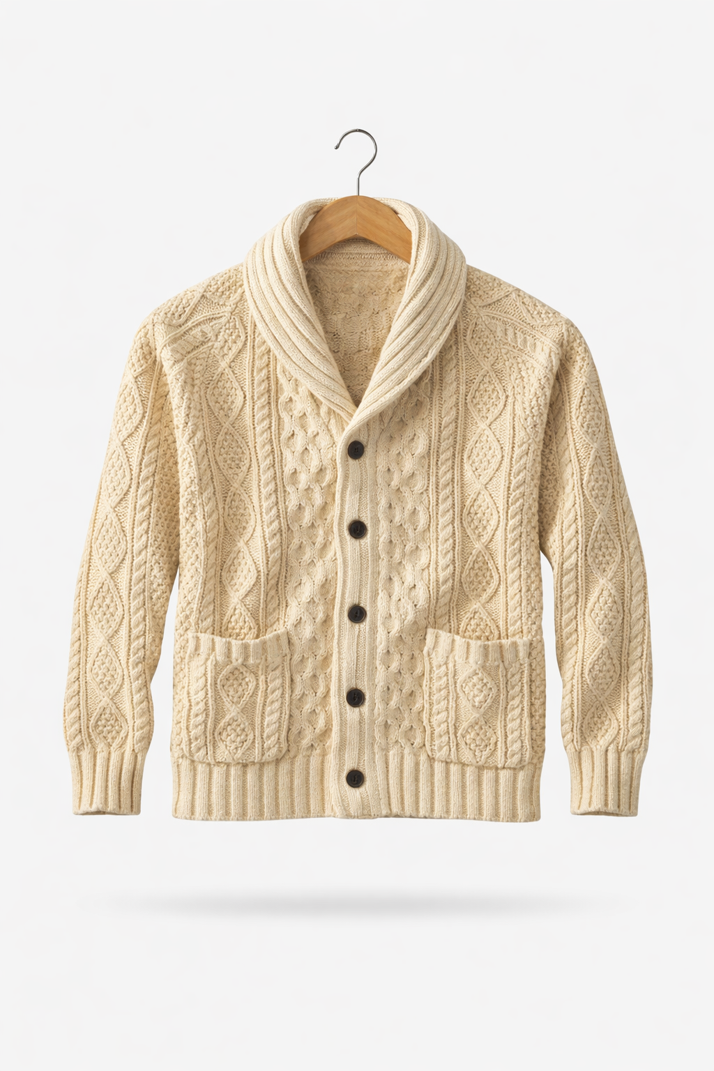Men’s Cable Knit Cardigan Sweater with Shawl Collar Button Front