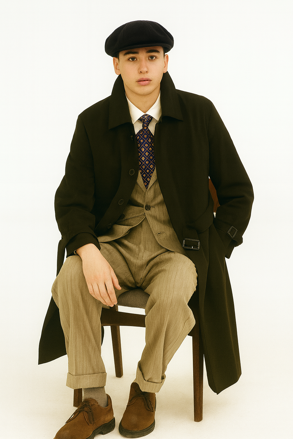 Men’s Dark Green Long Length Coat With Button Front Belted Detail Structured Design