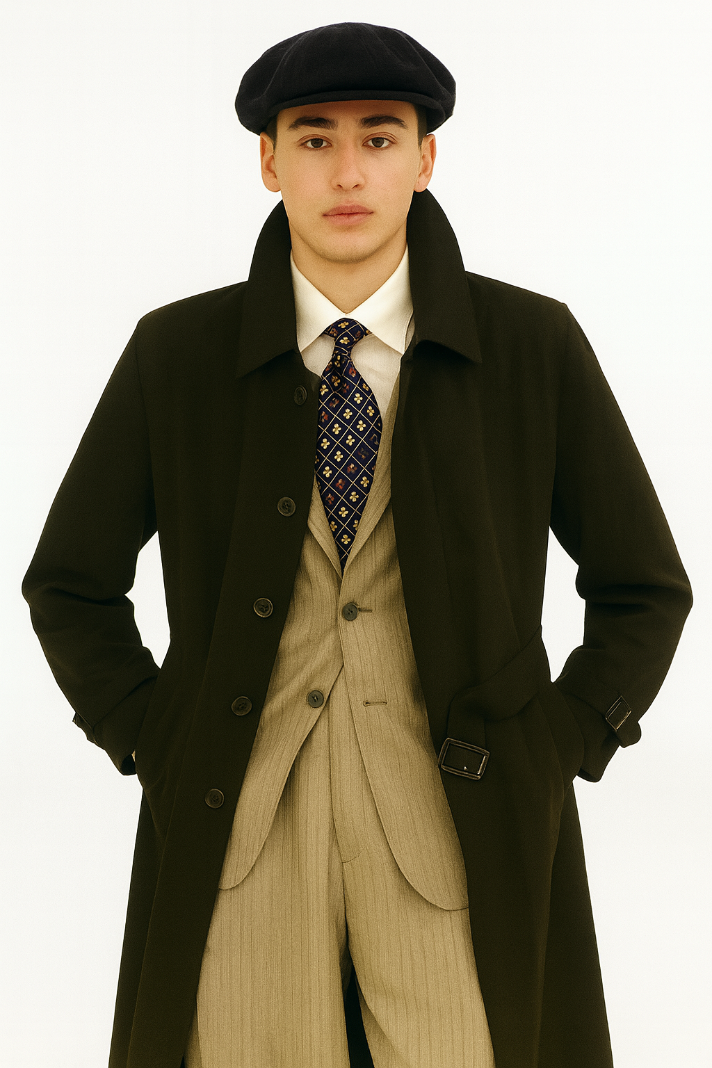 Men’s Dark Green Long Length Coat With Button Front Belted Detail Structured Design