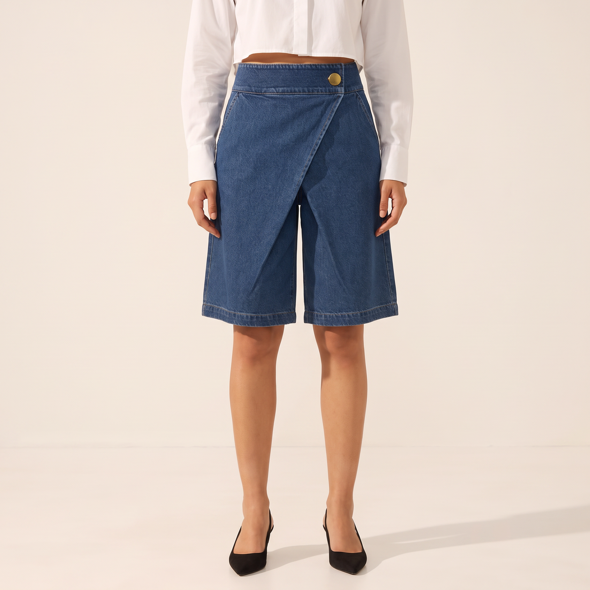 Maevra denim bermudashort met overslag