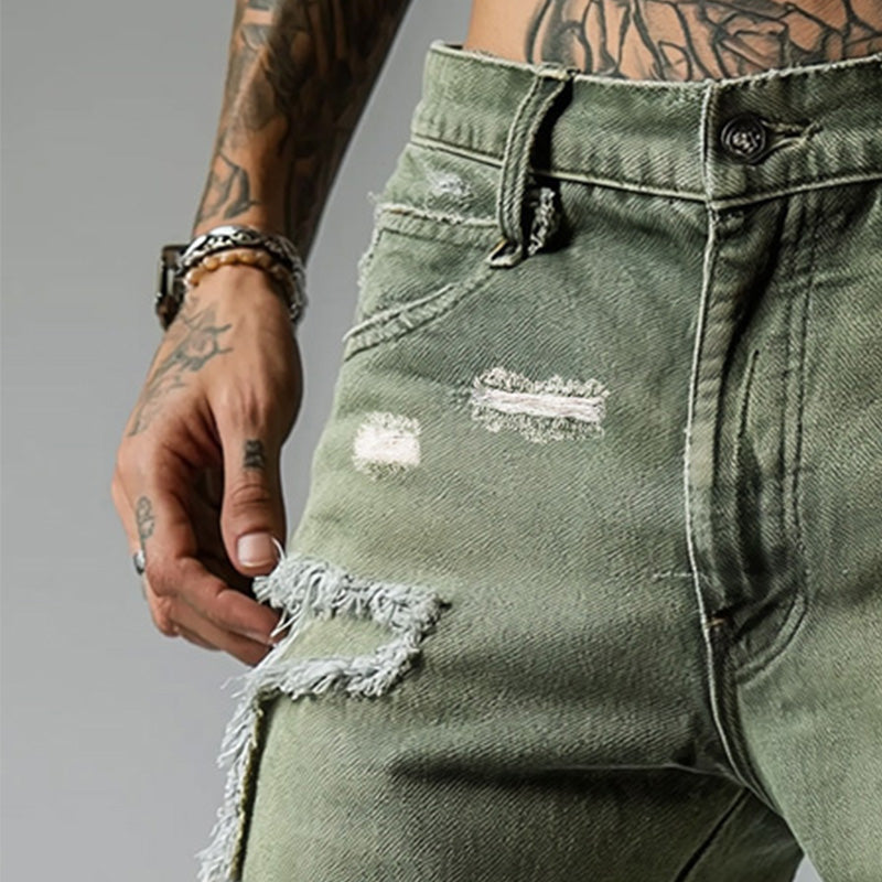 Men’s Denim Shorts With Straight Fit Worn Texture And Frayed Hem