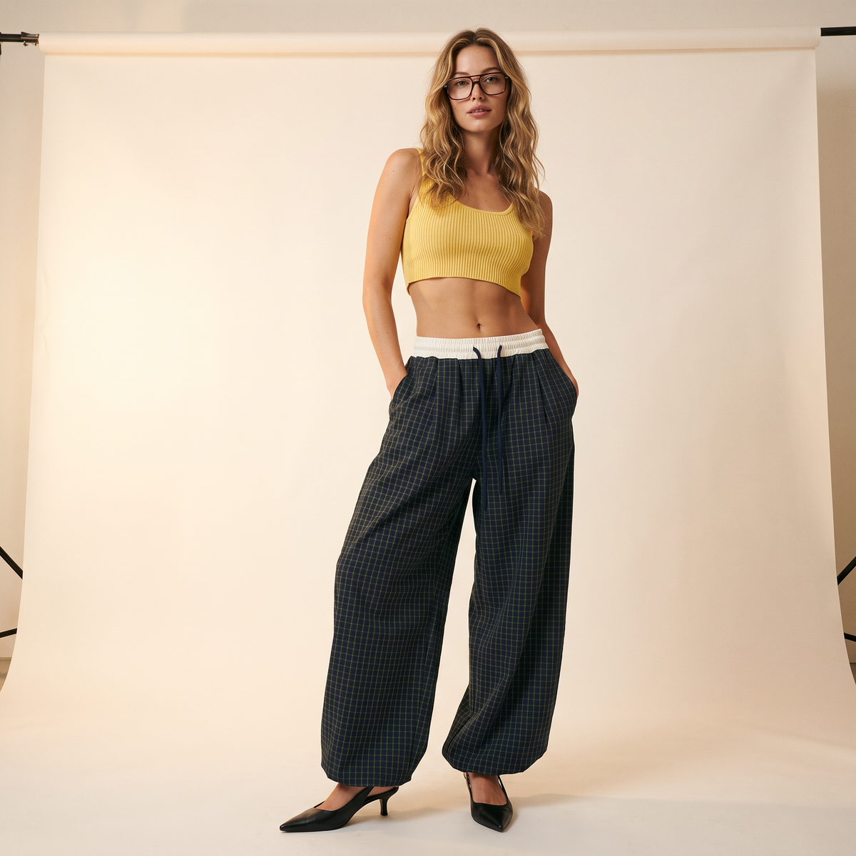 Darselle Blauwe Geruite Broek met Wijde Pijpen