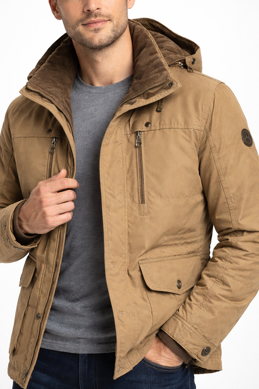 Men’s Hooded Utility Jacket with Lined Interior for Cold Weather