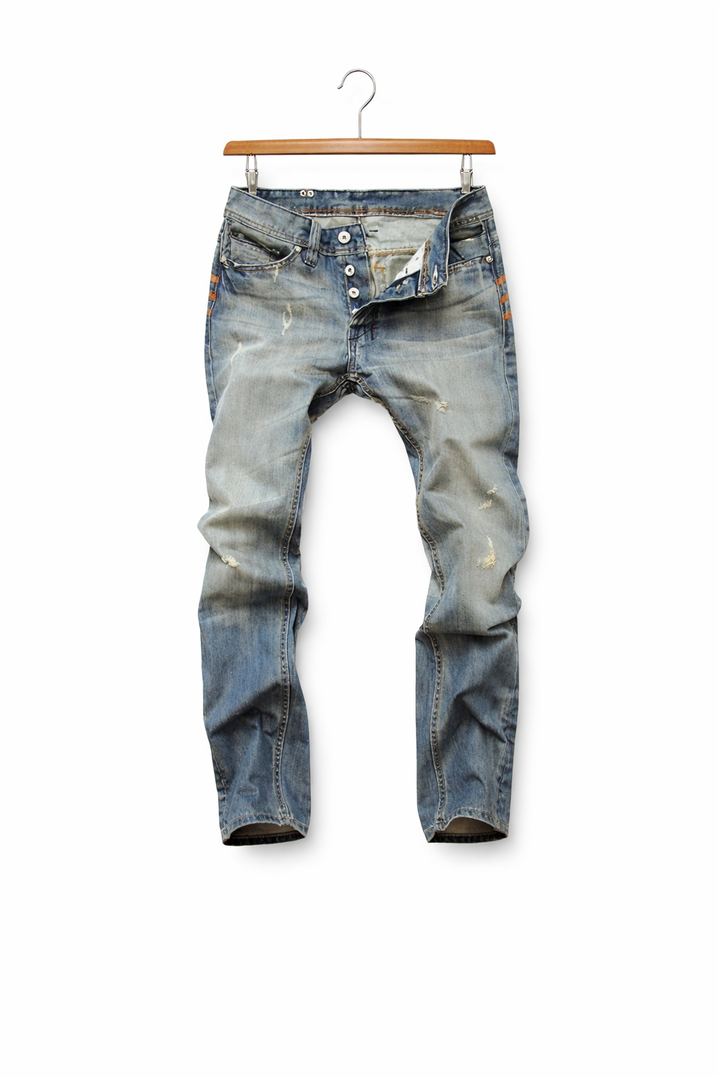 Men’s Distressed Denim Jeans With Straight Fit Button Fly And Worn Texture