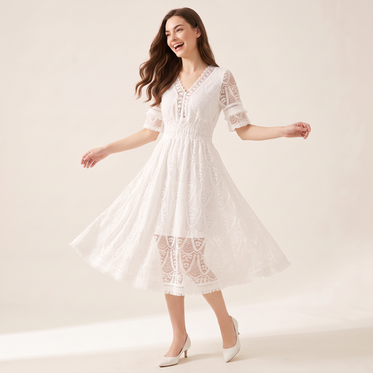 Elarisse Witte Kanten Midi-Jurk