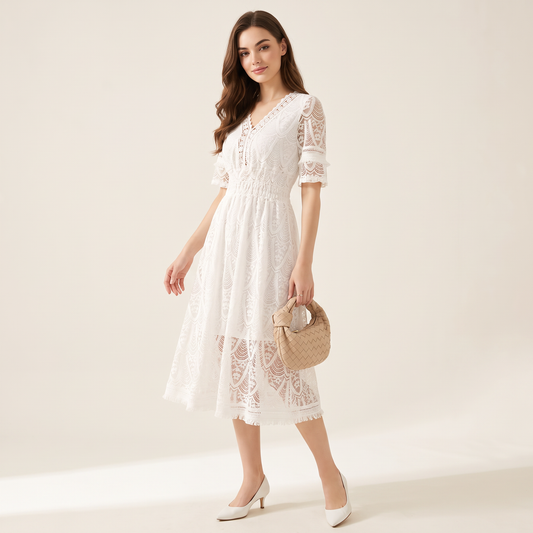 Elarisse Witte Kanten Midi-Jurk