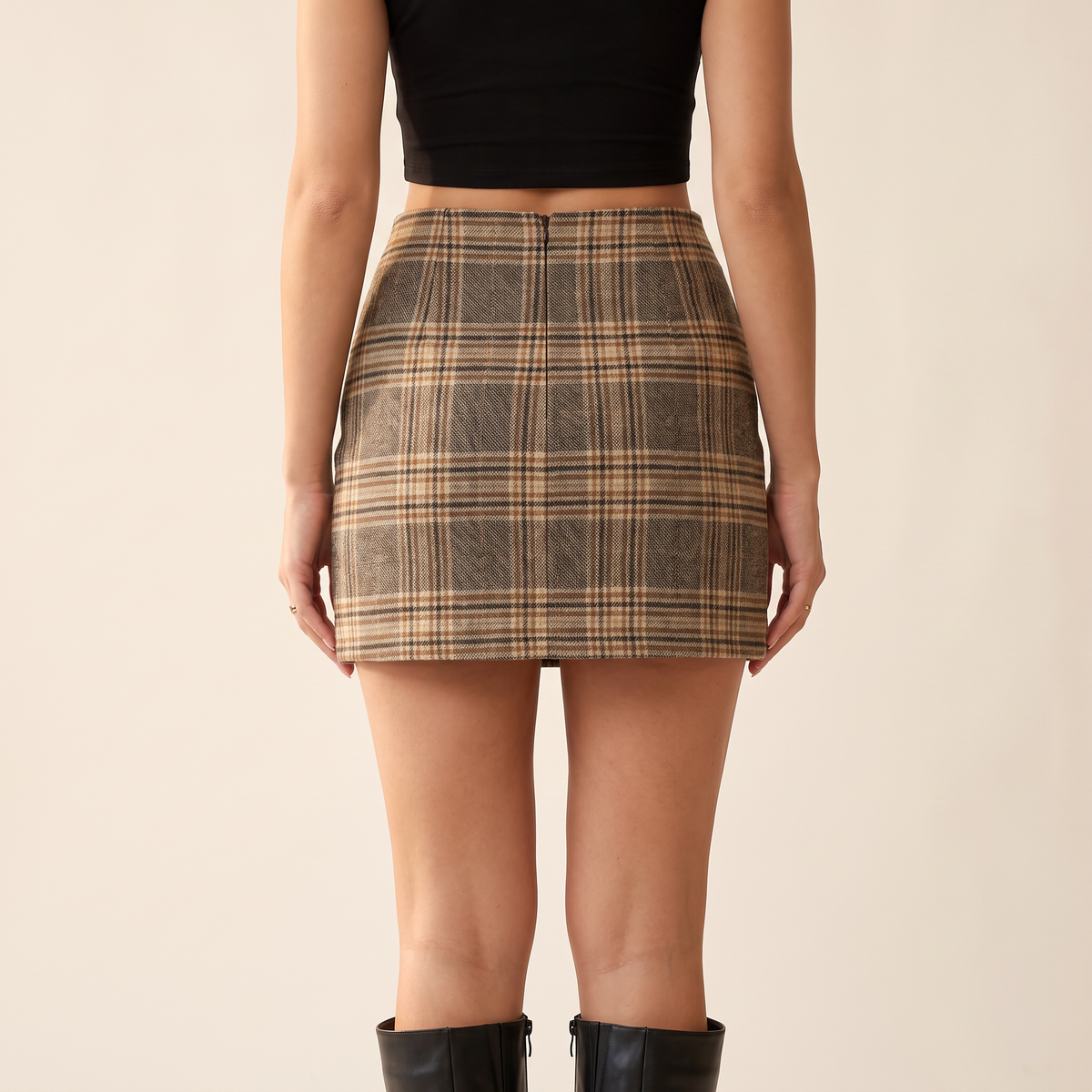 Elowra khaki mini-rok met ruitmotief