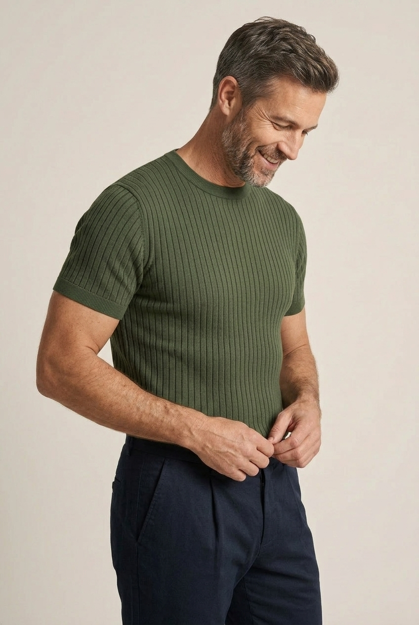 Ribbed Knit Crew Neck T-Shirt