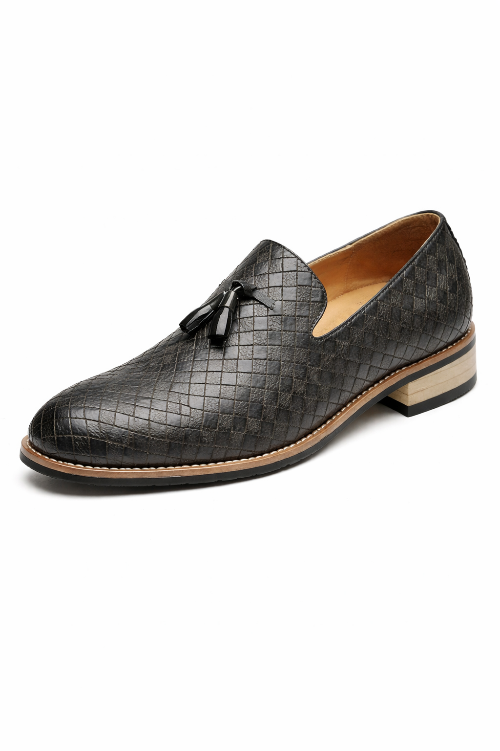 Woven Grid Tassel Slip-On Loafers