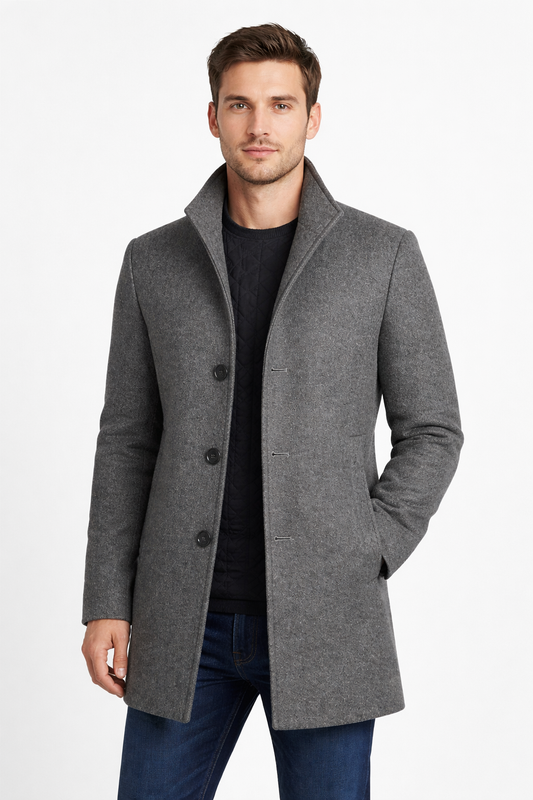 Men’s Wool Stand Collar Jacket with Quilted Front Panel