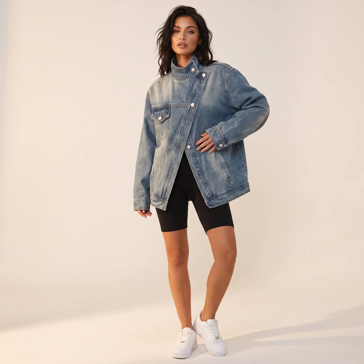 Kaia Asymmetrisch Denim Jack met Hoge Kraag