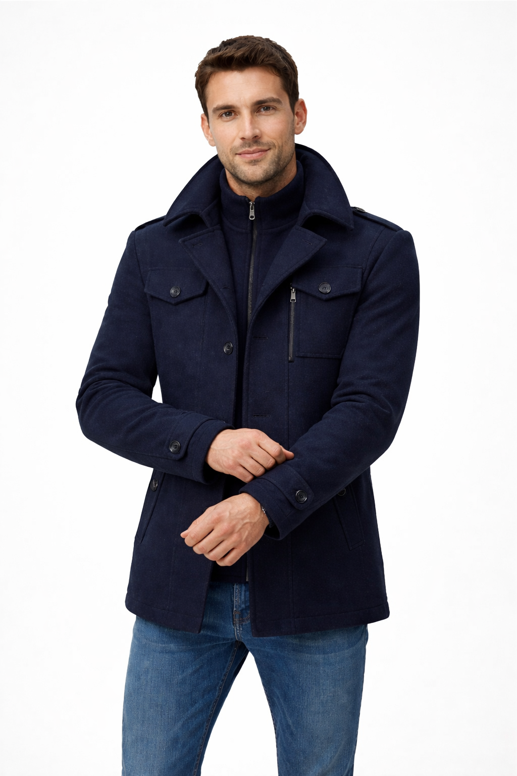Men’s Wool Zip-Front Stand Collar City Jacket with Layered Inner Panel