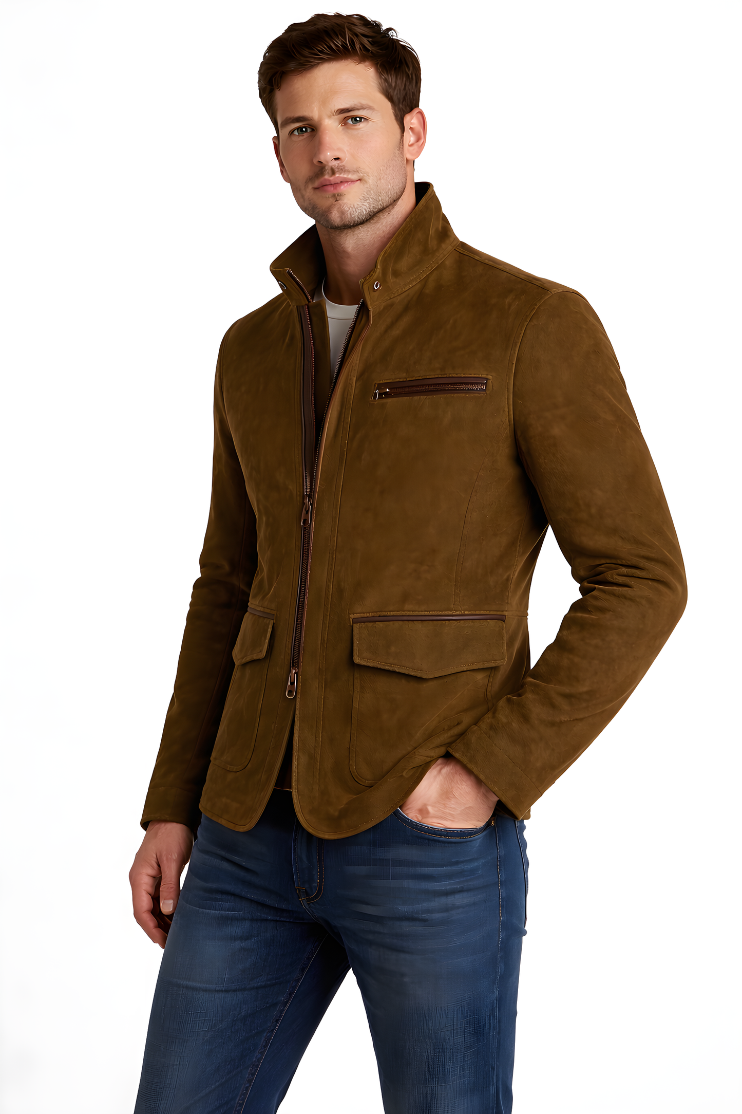 Suede Stand Collar Utility Jacket