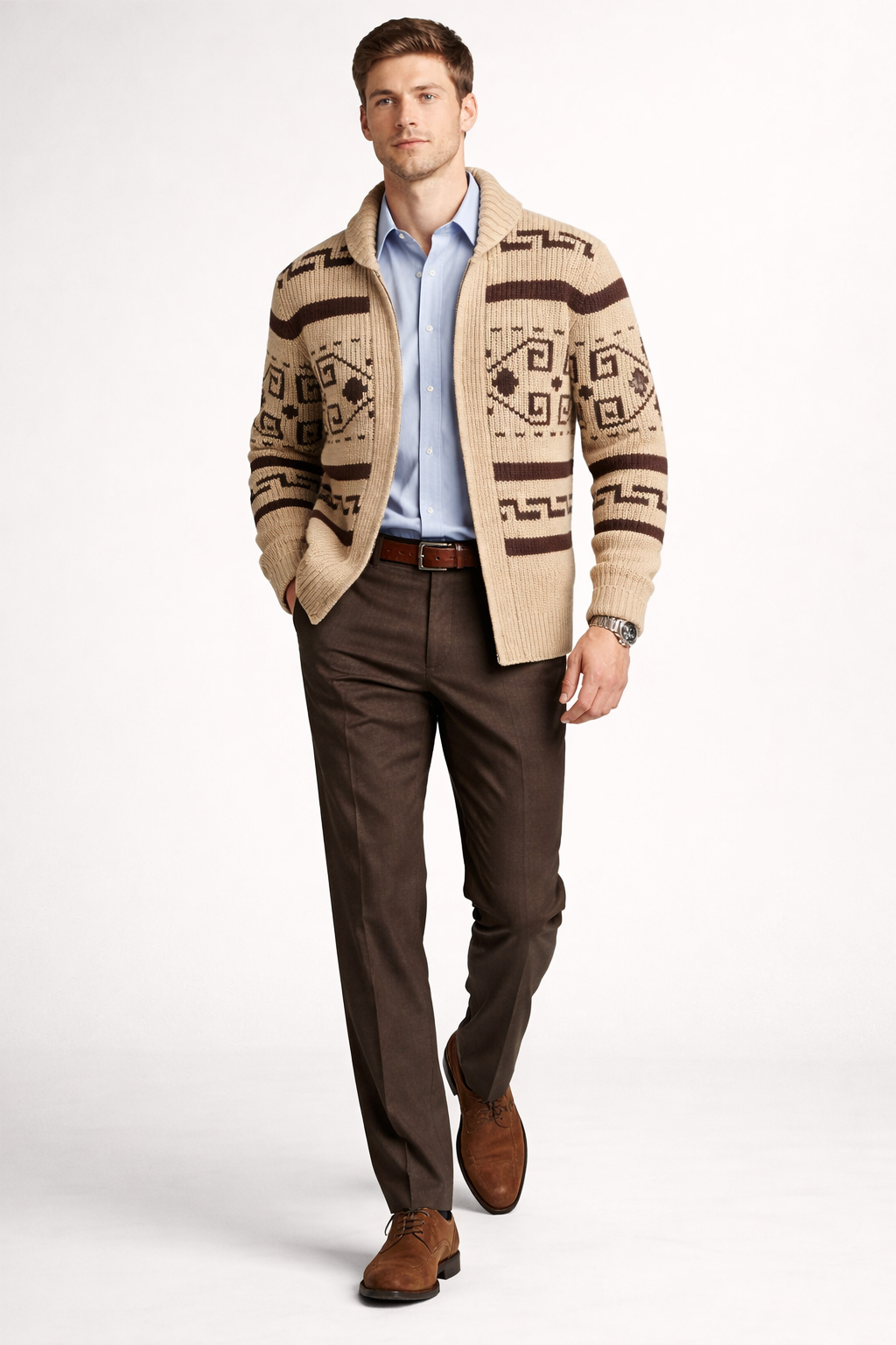Men’s Pattern Knit Zip Cardigan Sweater with Textured Yarn Design