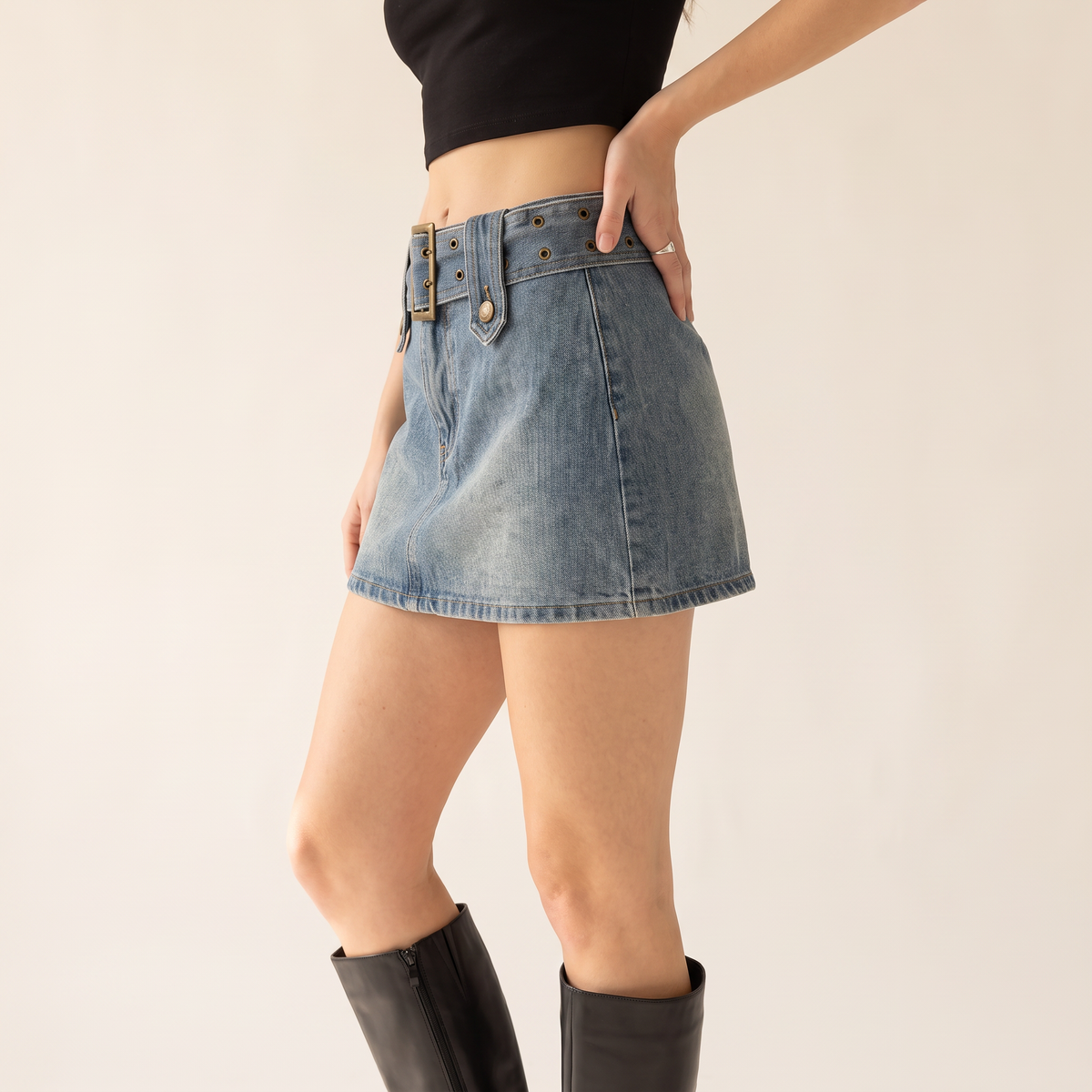 Kelira minirok met ceintuur en denimeffect