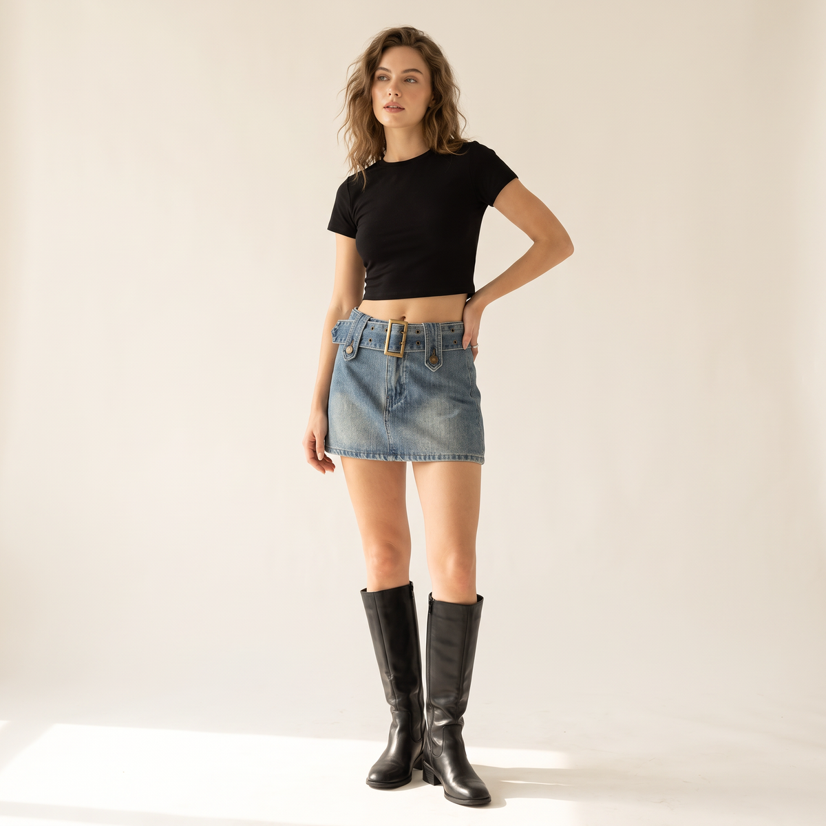 Kelira minirok met ceintuur en denimeffect