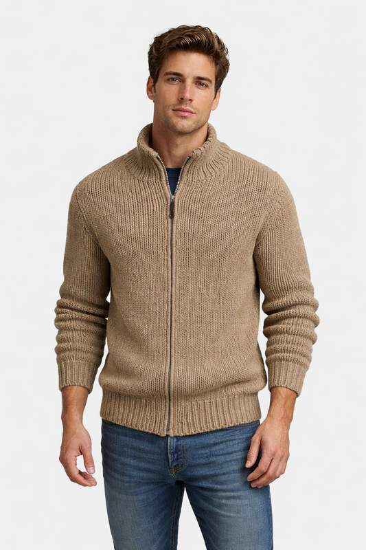Men’s Knit Zip Cardigan Sweater with Ribbed Yarn Texture