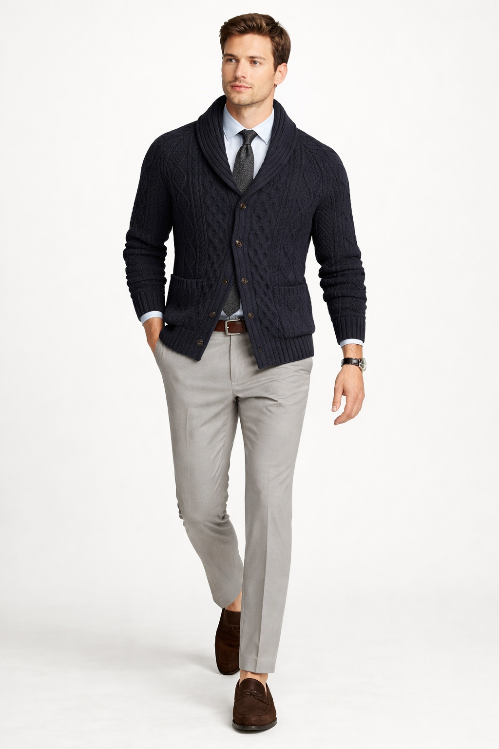 Men’s Cable Knit Cardigan Sweater with Shawl Collar Button Front