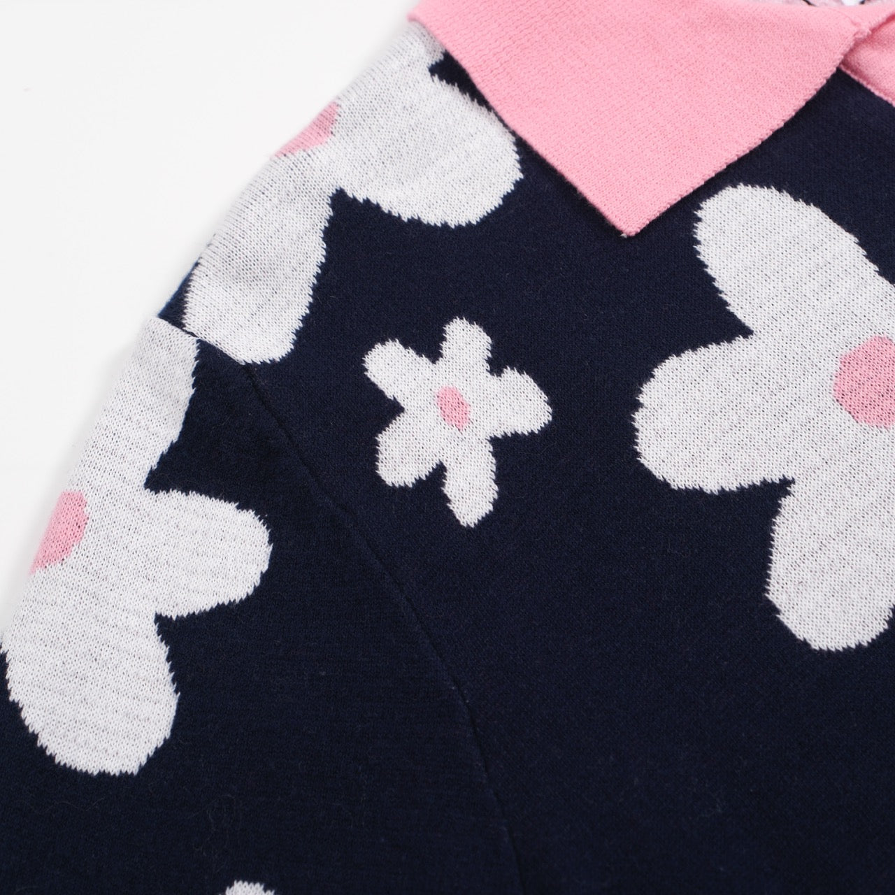 Men’s Navy Knit Short Sleeve Polo Shirt With Floral Pattern And Contrast Pink Collar