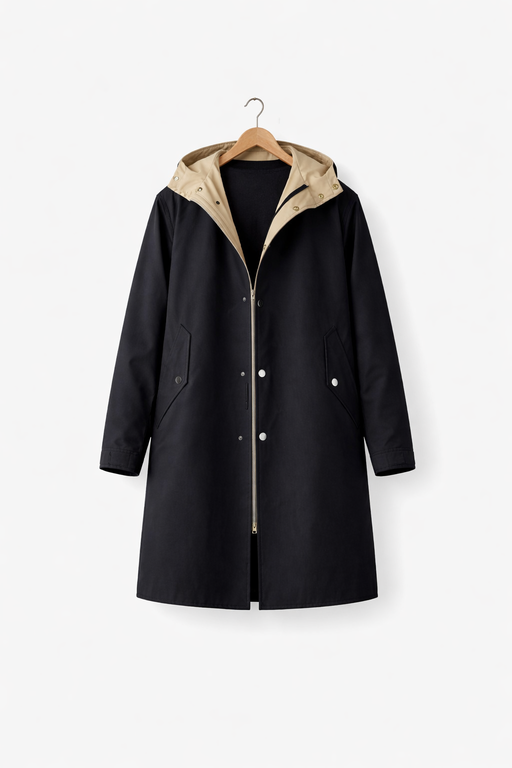 Men’s Long Hooded Coat with Button Front Clean Panel Design