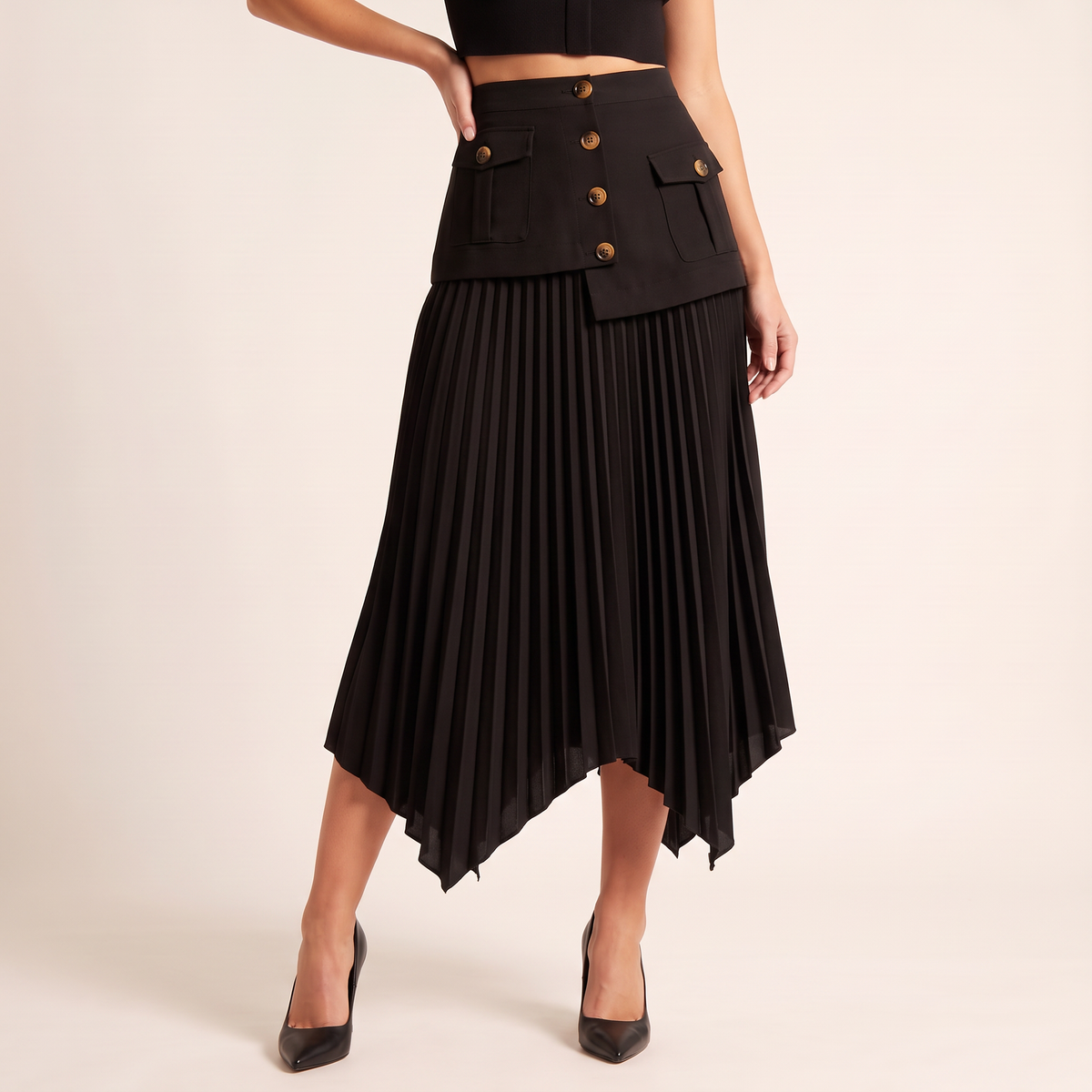 Lunessa geplooide asymmetrische maxi-rok