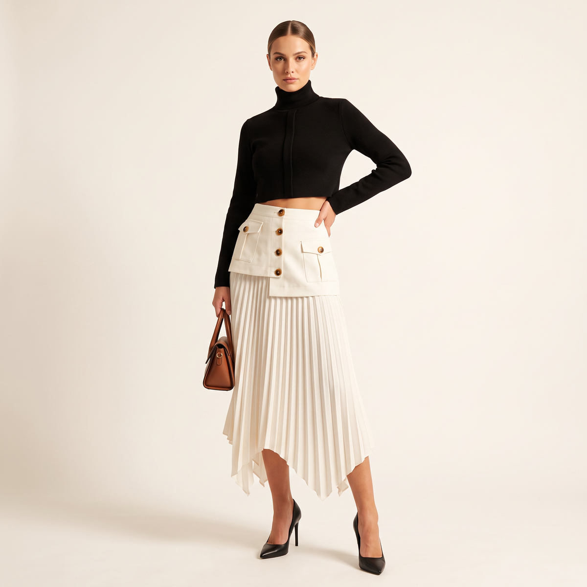 Lunessa geplooide asymmetrische maxi-rok