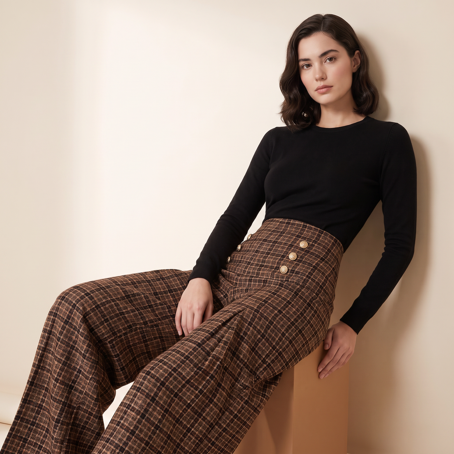 Rowena geruite broek met knoopdetails