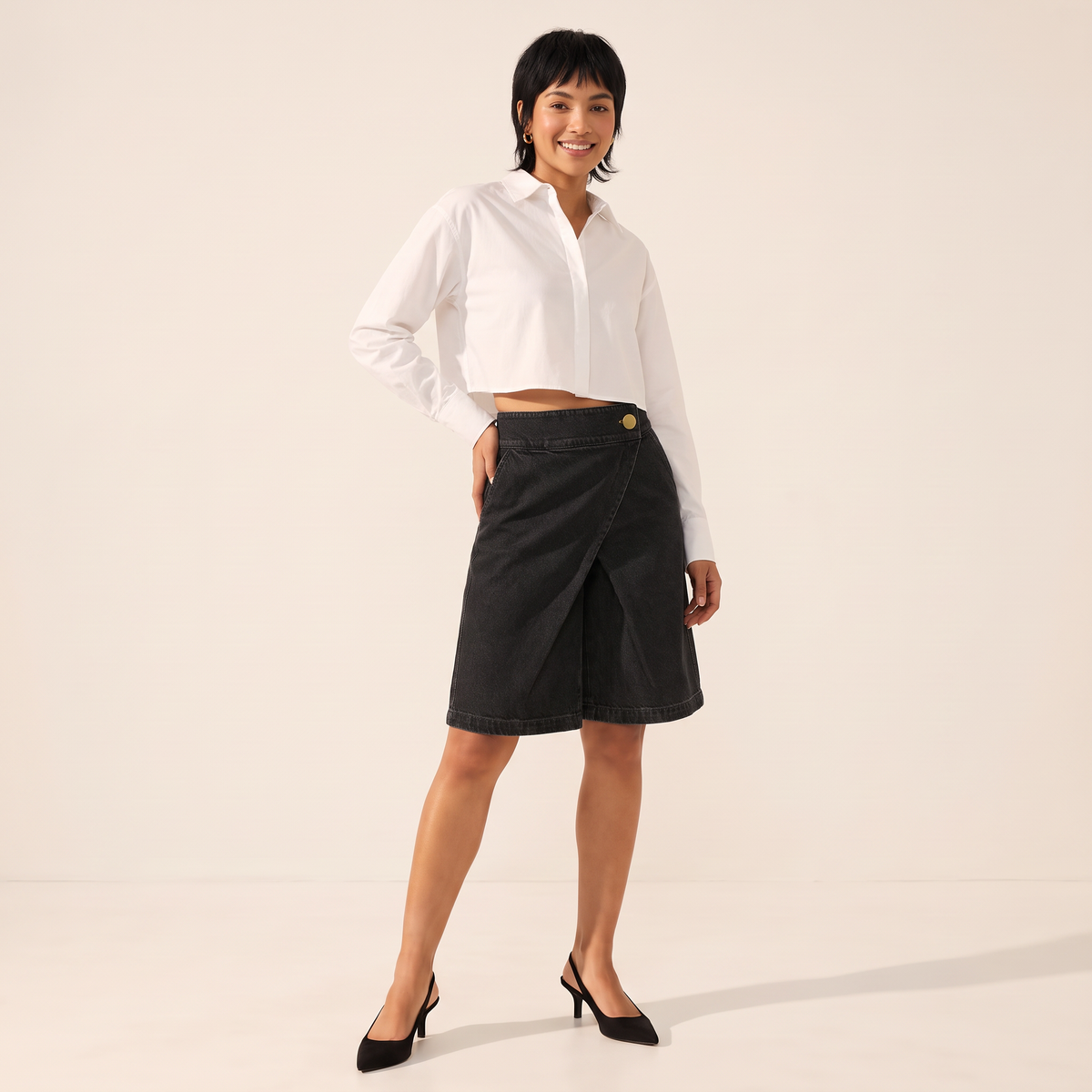 Maevra denim bermudashort met overslag