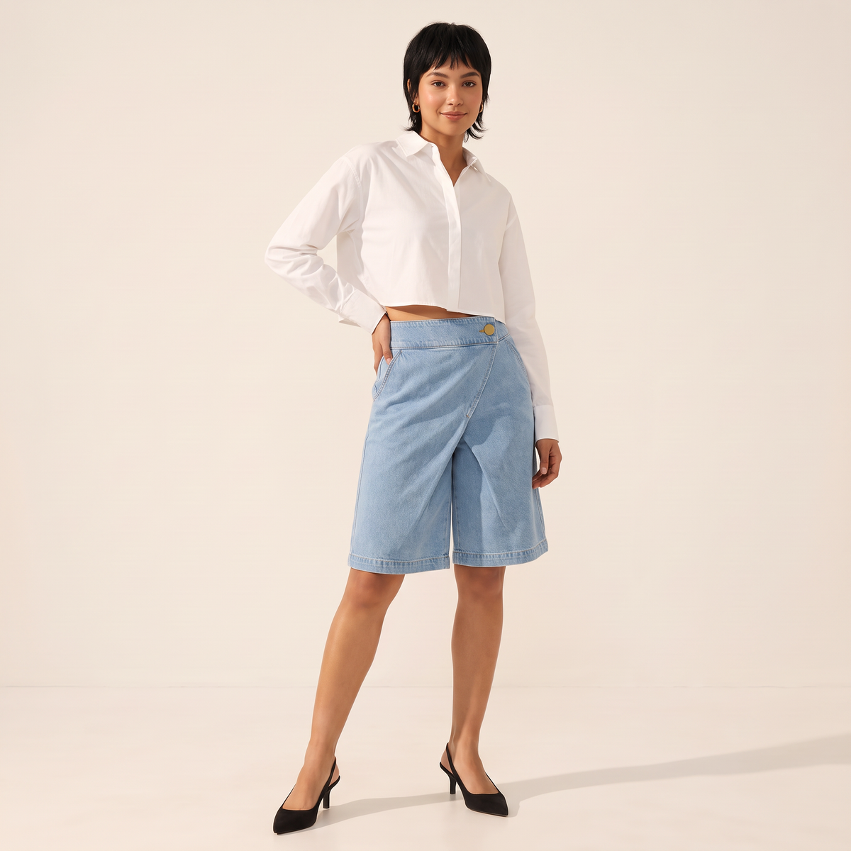 Maevra denim bermudashort met overslag