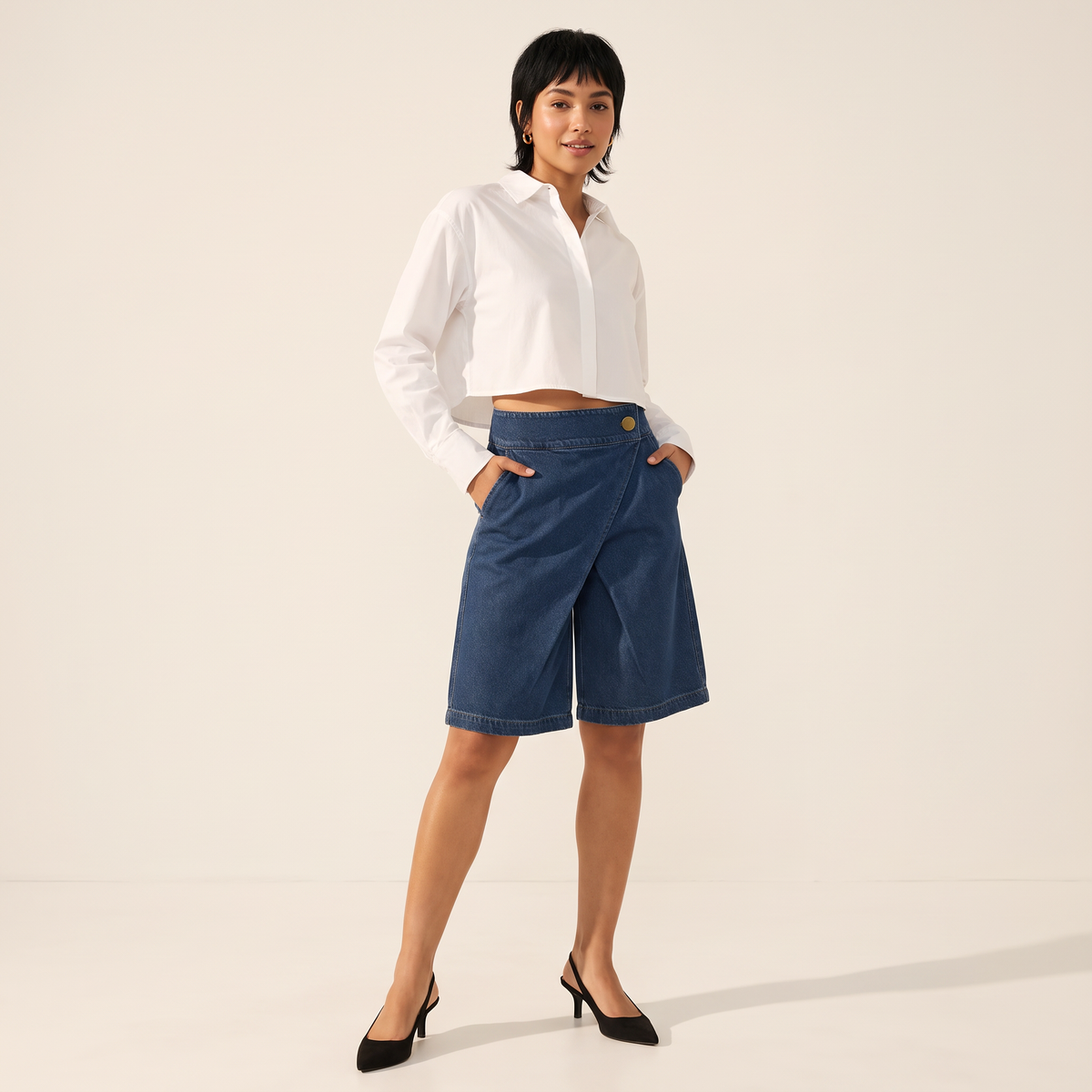 Maevra denim bermudashort met overslag