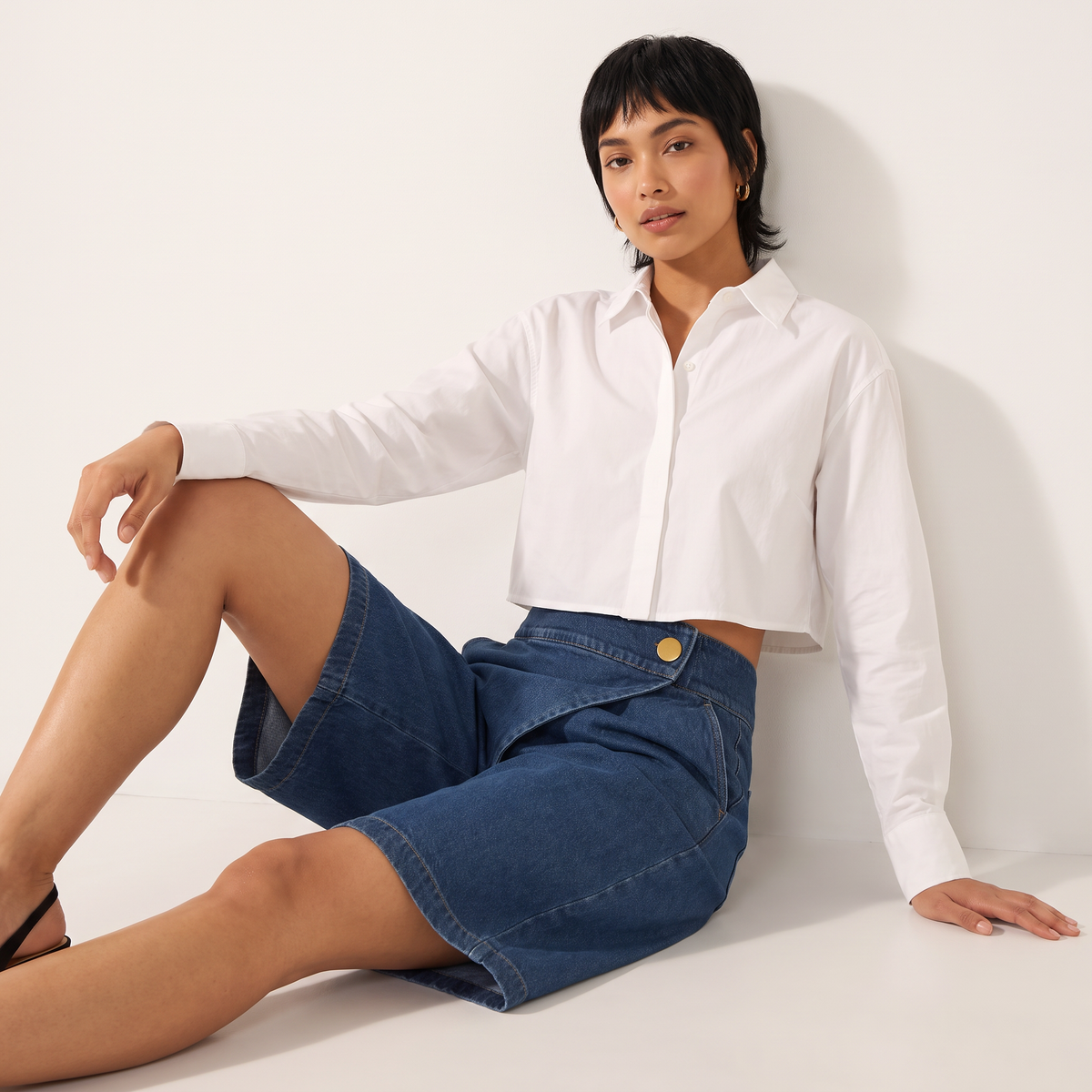 Maevra denim bermudashort met overslag