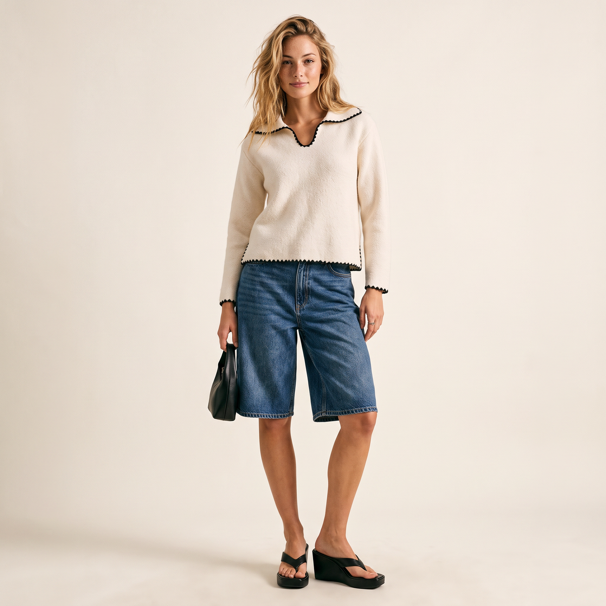 Marvena Gebreide Gebroken Witte Top met Kraag