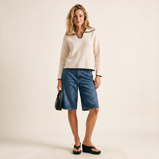 Marvena Gebreide Gebroken Witte Top met Kraag